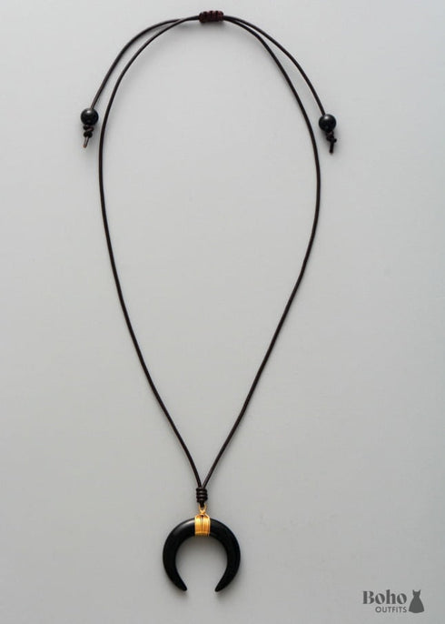 Boho Necklace, Ox Horn, Shell White and Black Onyx Crescent